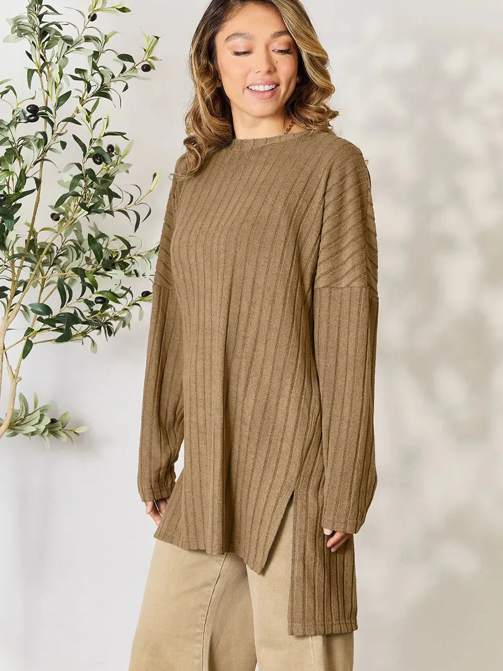Side Hustle Ribbed Slit Hem Long Sleeve Top by Basic Bae-Women's Shirts & Tops-Shop Z & Joxa