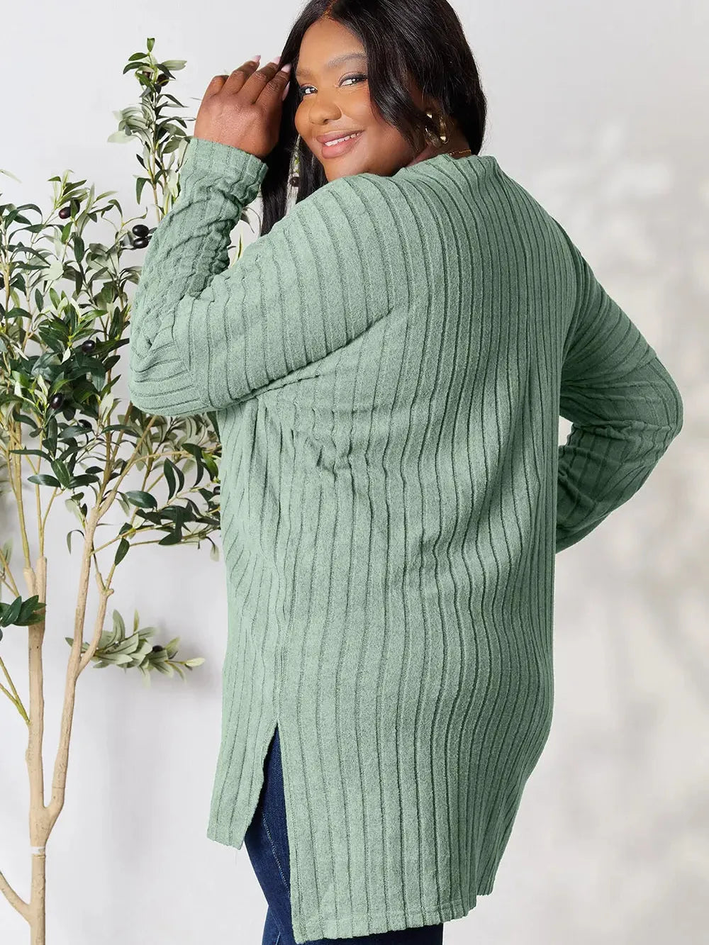 Side Hustle Ribbed Slit Hem Long Sleeve Top by Basic Bae-Women's Shirts & Tops-Shop Z & Joxa