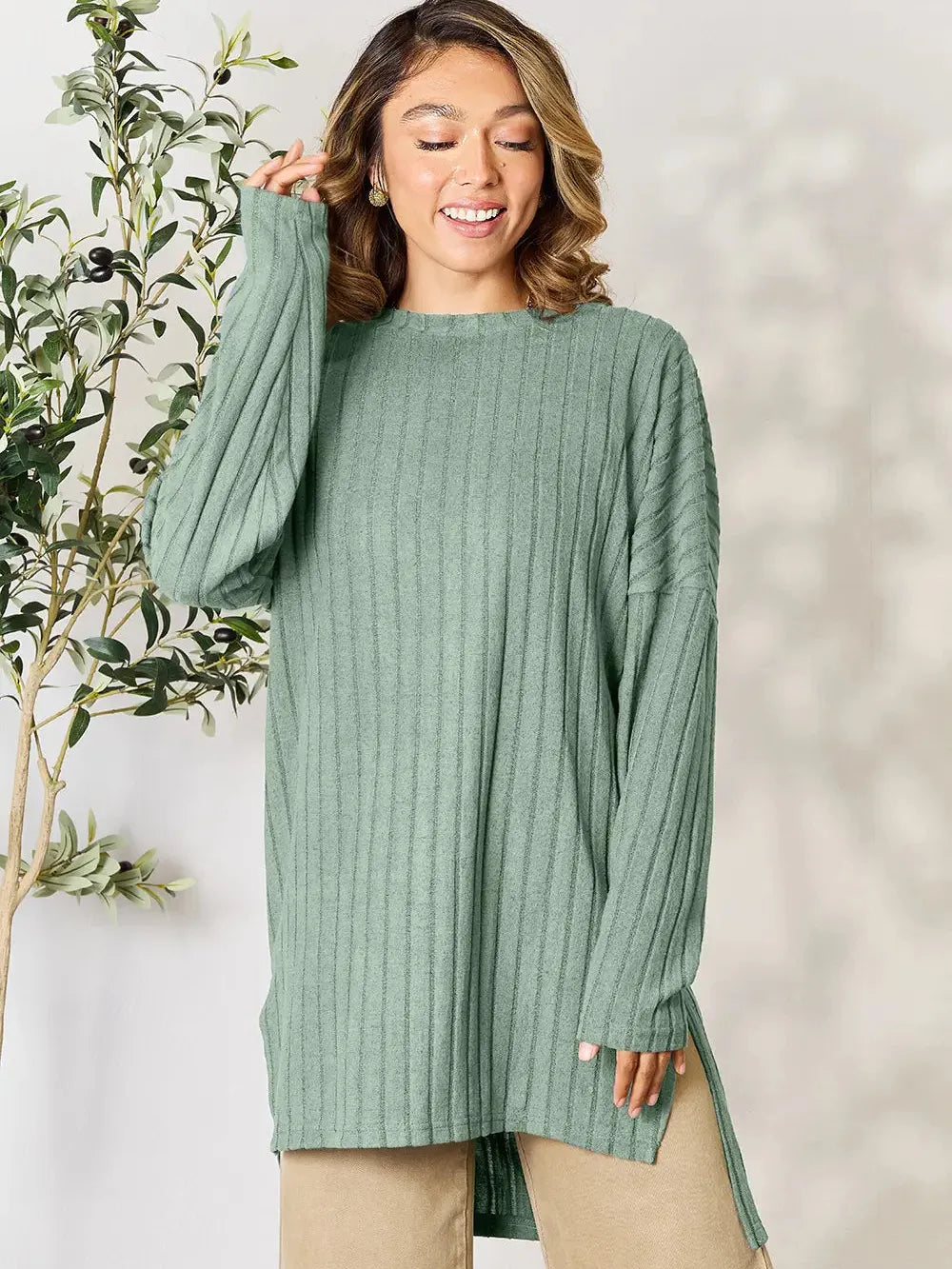 Side Hustle Ribbed Slit Hem Long Sleeve Top by Basic Bae-Women's Shirts & Tops-Shop Z & Joxa