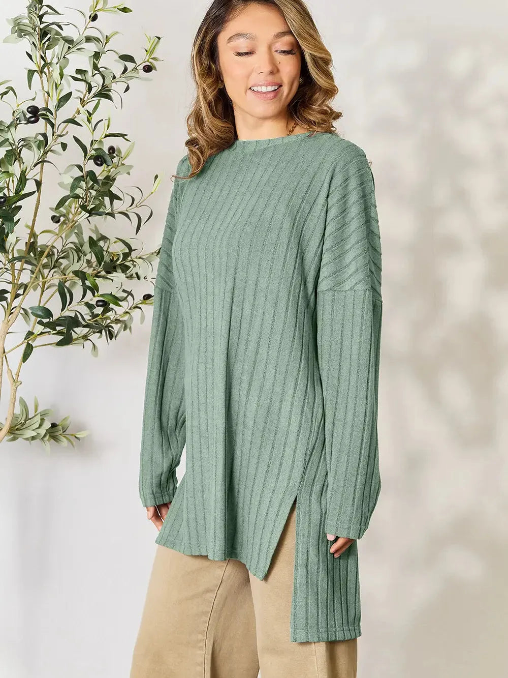 Side Hustle Ribbed Slit Hem Long Sleeve Top by Basic Bae-Women's Shirts & Tops-Shop Z & Joxa