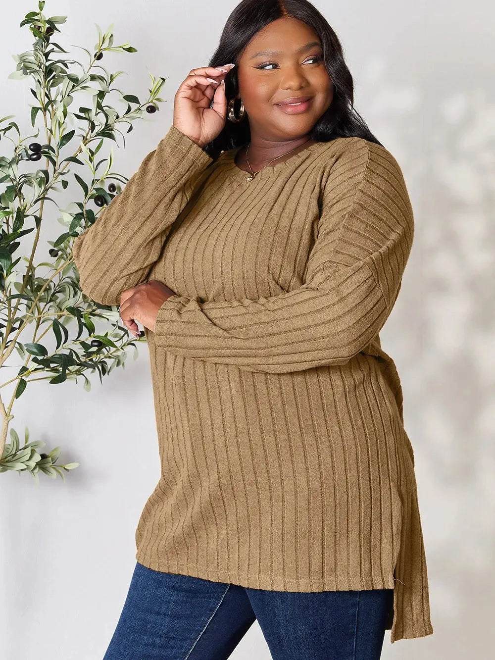 Side Hustle Ribbed Slit Hem Long Sleeve Top by Basic Bae-Women's Shirts & Tops-Shop Z & Joxa