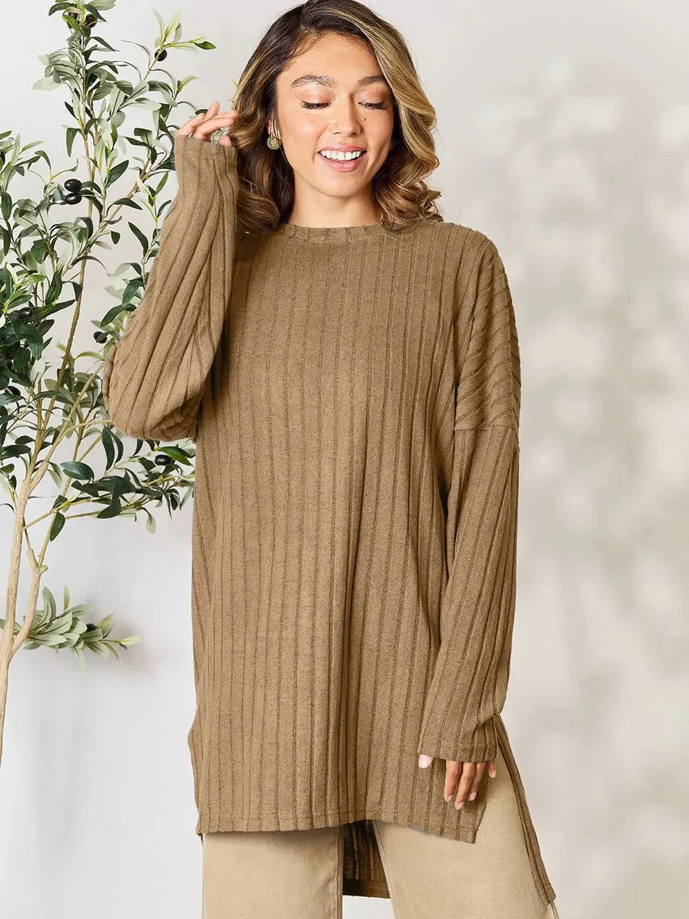 Side Hustle Ribbed Slit Hem Long Sleeve Top by Basic Bae-Women's Shirts & Tops-Shop Z & Joxa