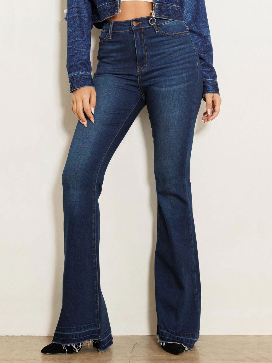  Jeans for Women- High-Rise Raw Hem Flare Jeans (Color : Medium  Wash, Size : X-Small) : Clothing, Shoes & Jewelry