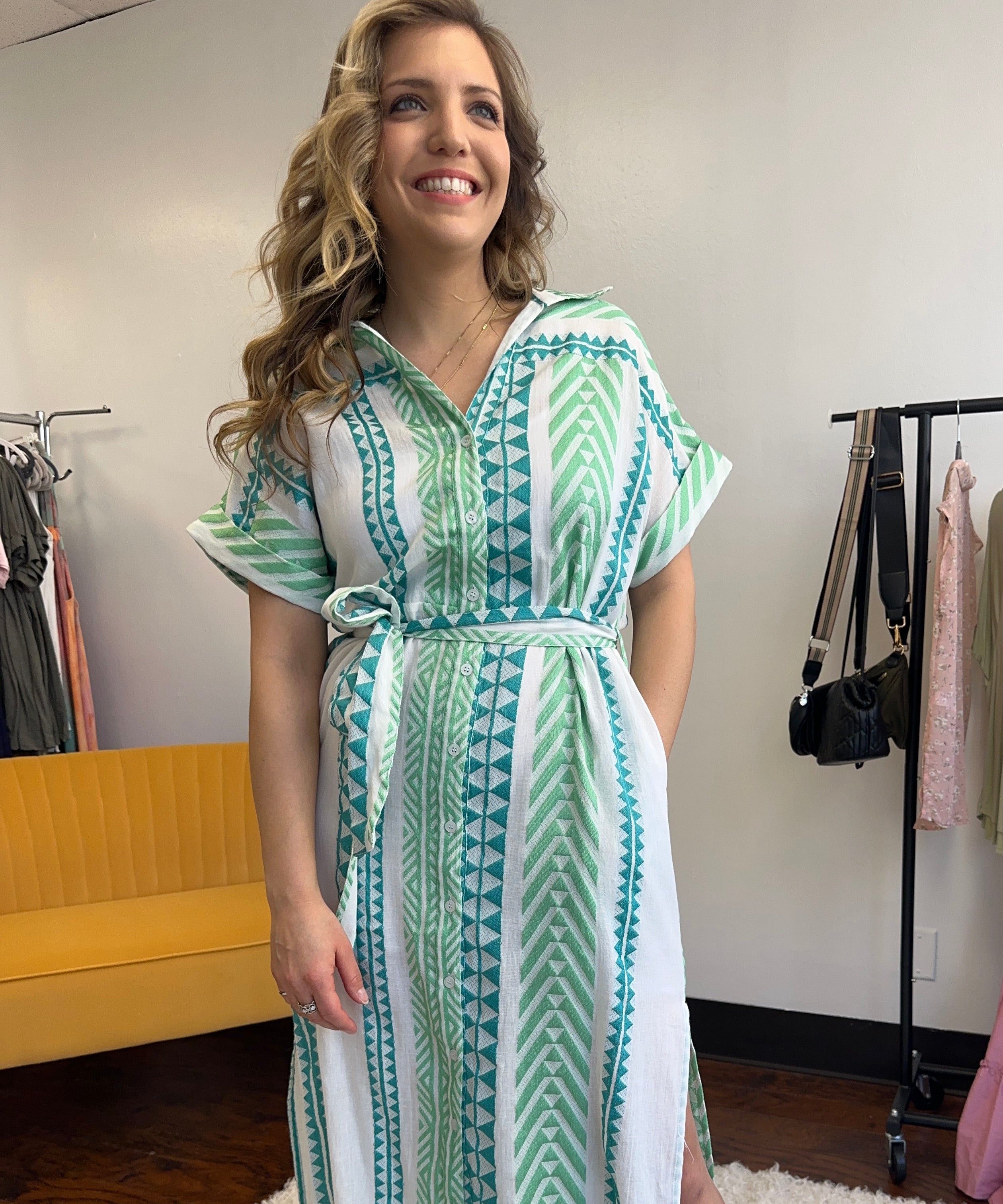 Sky Touches the Sea Striped Button Down Midi Belt Dress-Women's Dresses-Shop Z & Joxa