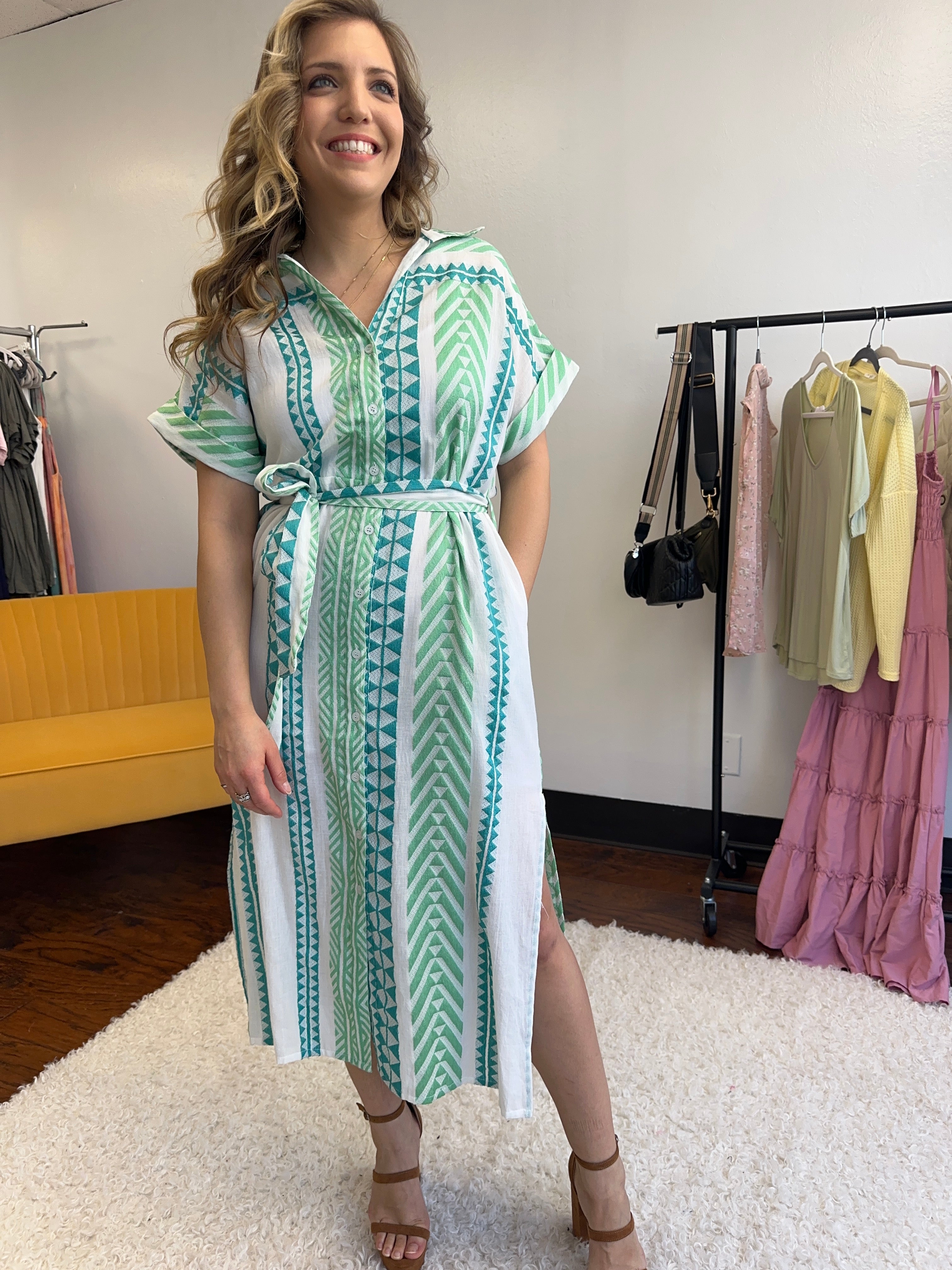 Sky Touches the Sea Striped Button Down Midi Belt Dress-Women's Dresses-Shop Z & Joxa