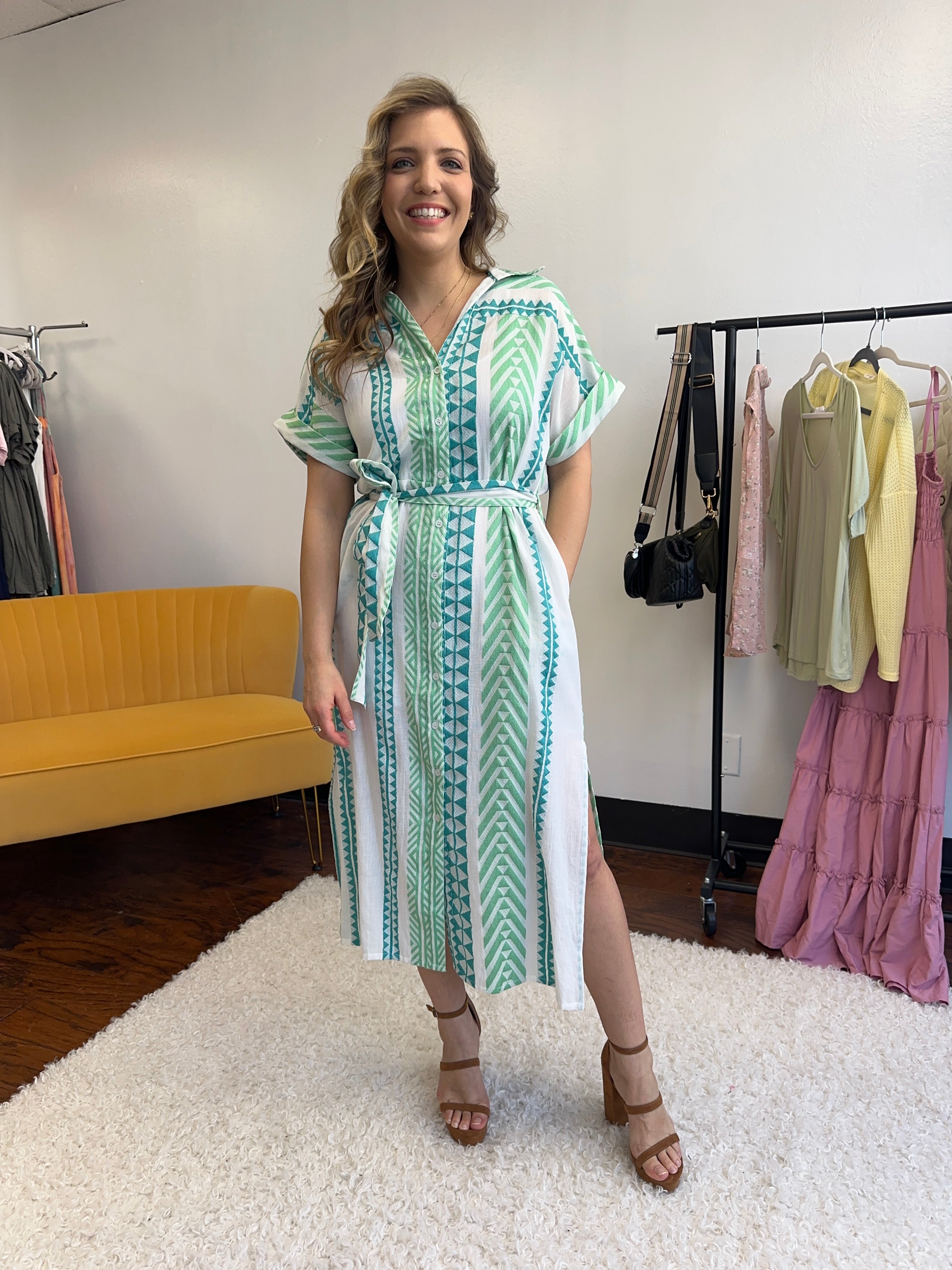 Sky Touches the Sea Striped Button Down Midi Belt Dress-Women's Dresses-Shop Z & Joxa