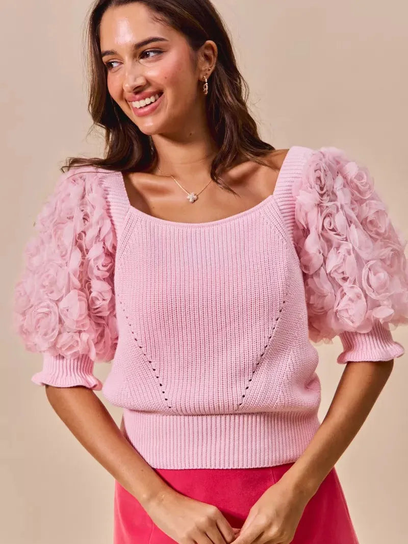 So Me Blush Bouquet Rosette Sleeves Square Neck Sweater Top-Women's Shirts & Tops-Shop Z & Joxa