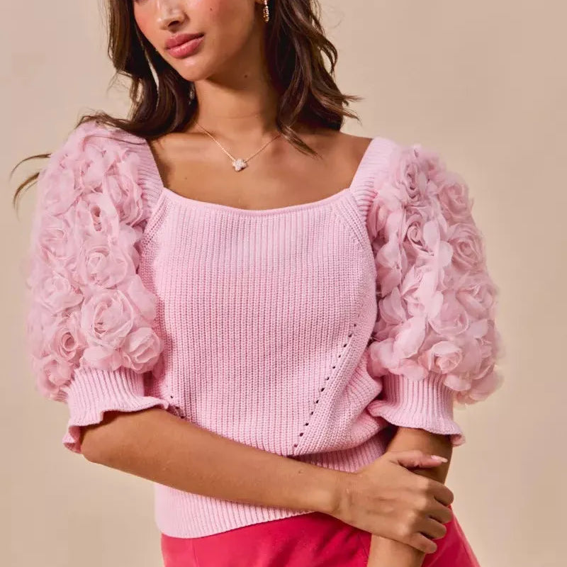 So Me Blush Bouquet Rosette Sleeves Square Neck Sweater Top-Women's Shirts & Tops-Shop Z & Joxa