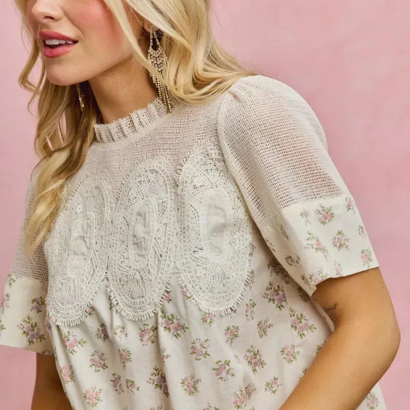 So Me Blushing Grace Floral Print Lace Trim Cotton Blouse-Women's Shirts & Tops-Shop Z & Joxa