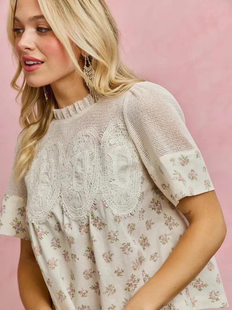 So Me Blushing Grace Floral Print Lace Trim Cotton Blouse-Women's Shirts & Tops-Shop Z & Joxa