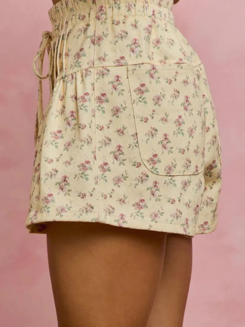 So Me Buttercup Bloom Floral Print Denim Pintuck Shorts-Women's Shorts-Shop Z & Joxa