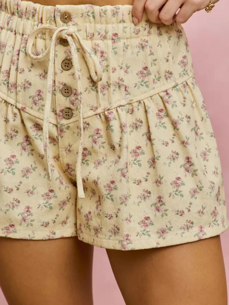 So Me Buttercup Bloom Floral Print Denim Pintuck Shorts-Women's Shorts-Shop Z & Joxa
