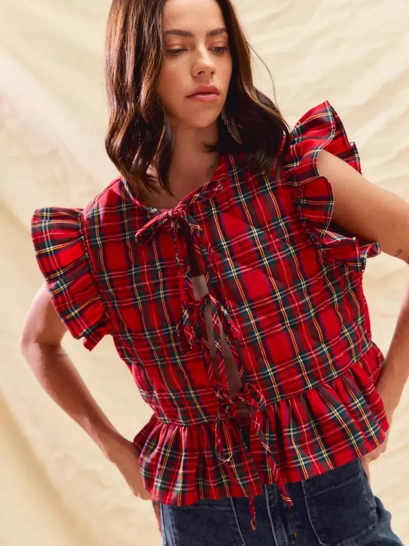 So Me Cheerful Layers Plaid Ruffled Quilted Vest Top-Women's Shirts & Tops-Shop Z & Joxa