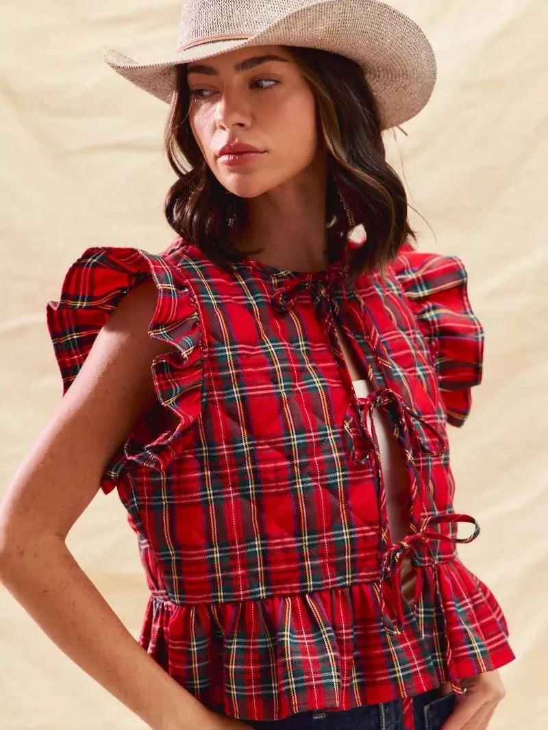 So Me Cheerful Layers Plaid Ruffled Quilted Vest Top-Women's Shirts & Tops-Shop Z & Joxa