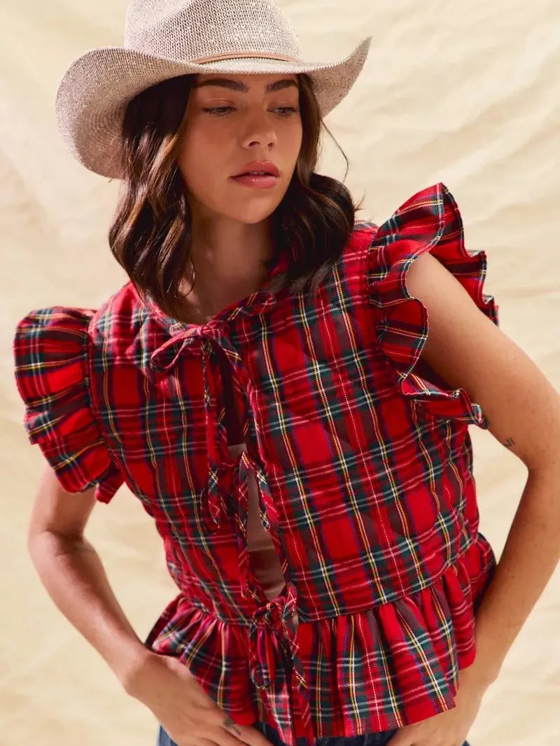 So Me Cheerful Layers Plaid Ruffled Quilted Vest Top-Women's Shirts & Tops-Shop Z & Joxa