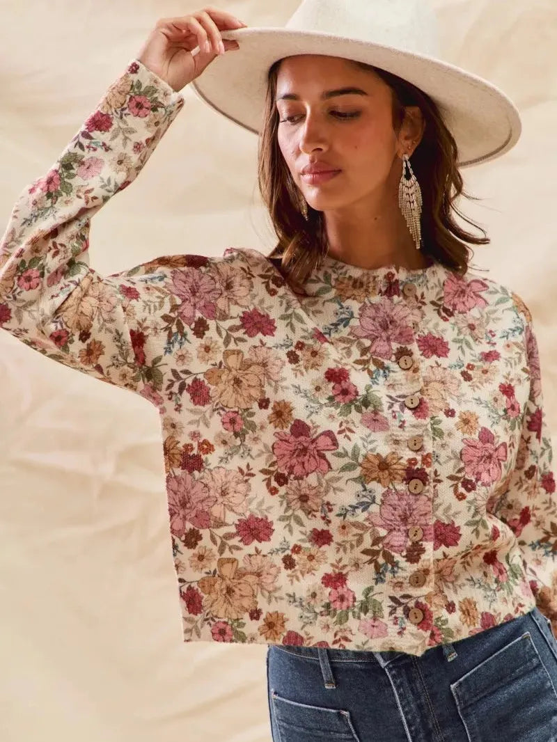 So Me Clay Rose Garden Floral Print Button up Sweater Cardigan-Women's Shirts & Tops-Shop Z & Joxa
