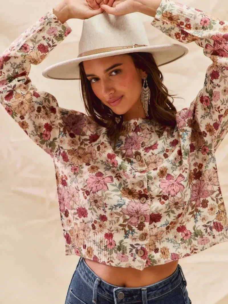 So Me Clay Rose Garden Floral Print Button up Sweater Cardigan-Women's Shirts & Tops-Shop Z & Joxa