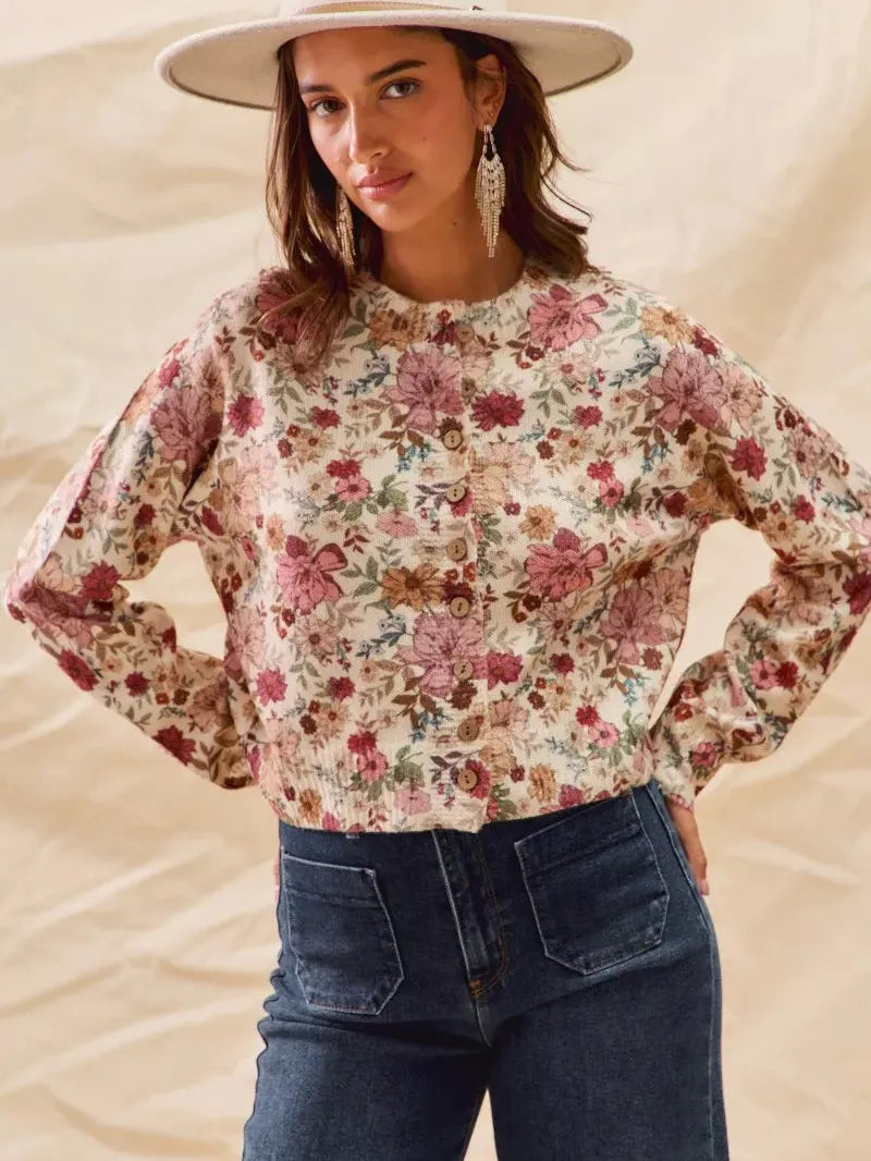 So Me Clay Rose Garden Floral Print Button up Sweater Cardigan-Women's Shirts & Tops-Shop Z & Joxa