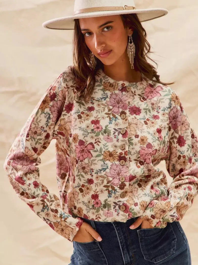 So Me Clay Rose Garden Floral Print Button up Sweater Cardigan-Women's Shirts & Tops-Shop Z & Joxa
