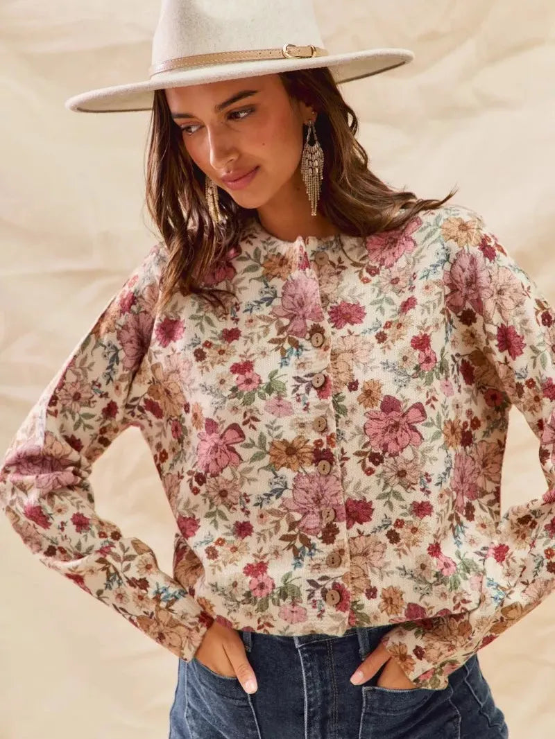 So Me Clay Rose Garden Floral Print Button up Sweater Cardigan-Women's Shirts & Tops-Shop Z & Joxa