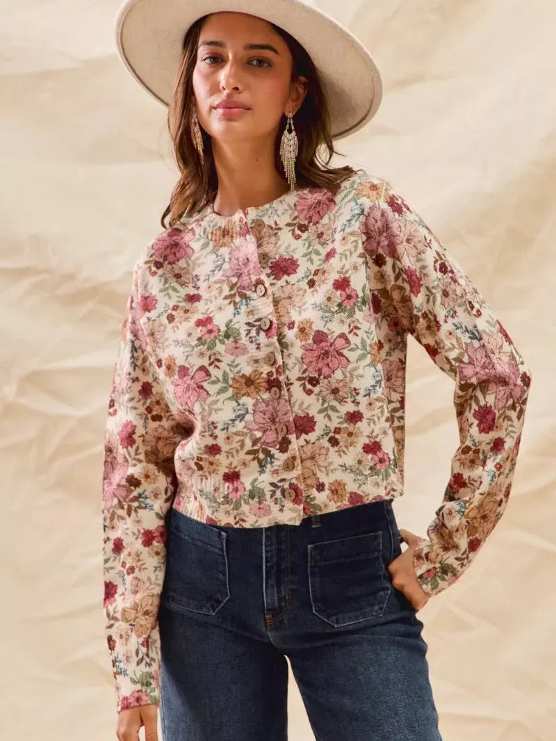 So Me Clay Rose Garden Floral Print Button up Sweater Cardigan-Women's Shirts & Tops-Shop Z & Joxa
