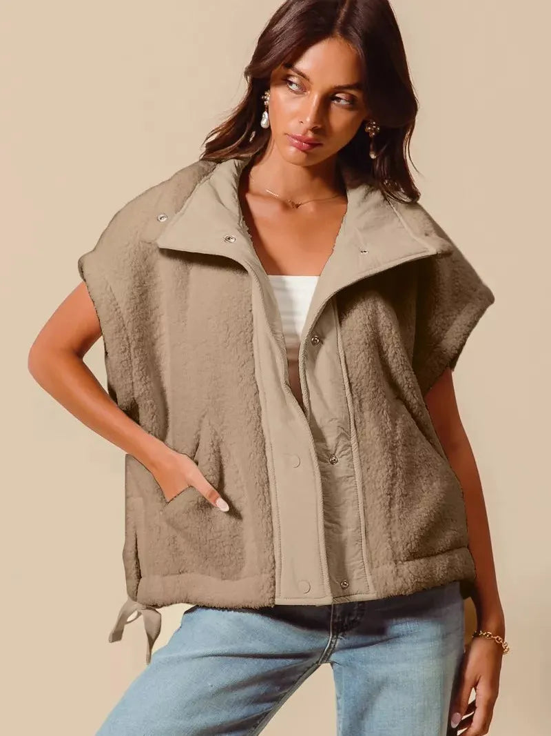 So Me Cuddle Rush Sleeveless Sherpa Vest in Almond-Women's Shirts & Tops-Shop Z & Joxa