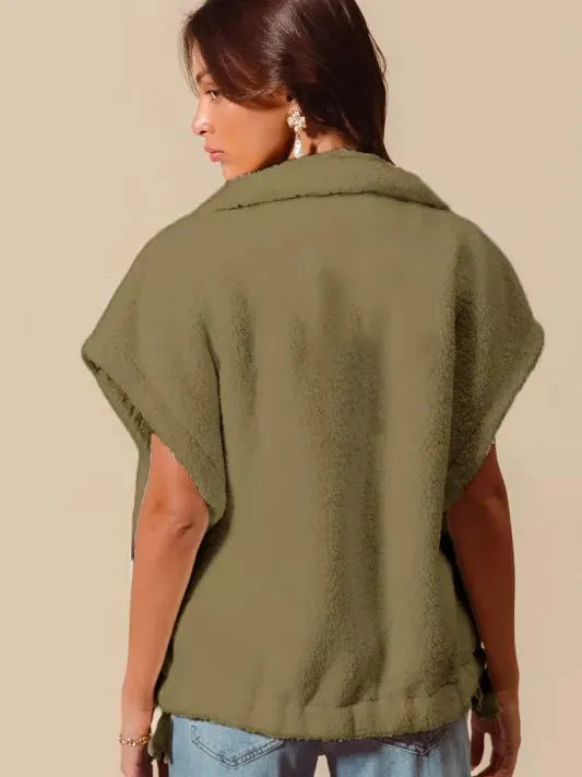 So Me Cuddle Rush Sleeveless Sherpa Vest in Olive-Women's Shirts & Tops-Shop Z & Joxa