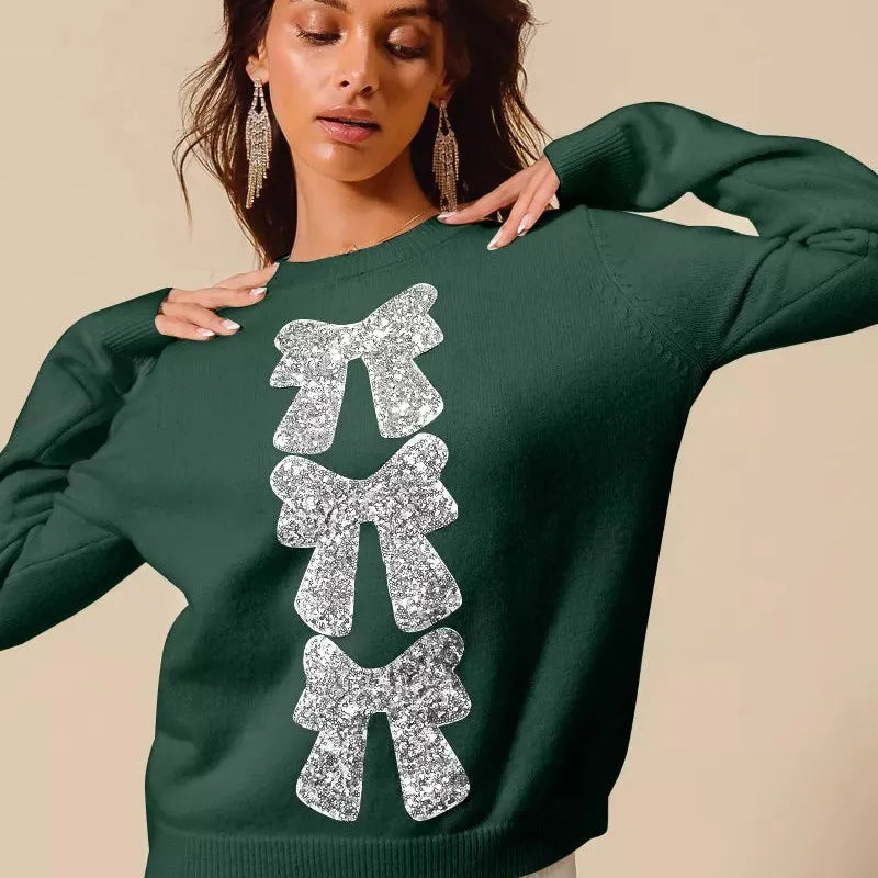 So Me Evergreen Sparkle Bow Sequence Ribbon Christmas Sweater-Women's Shirts & Tops-Shop Z & Joxa