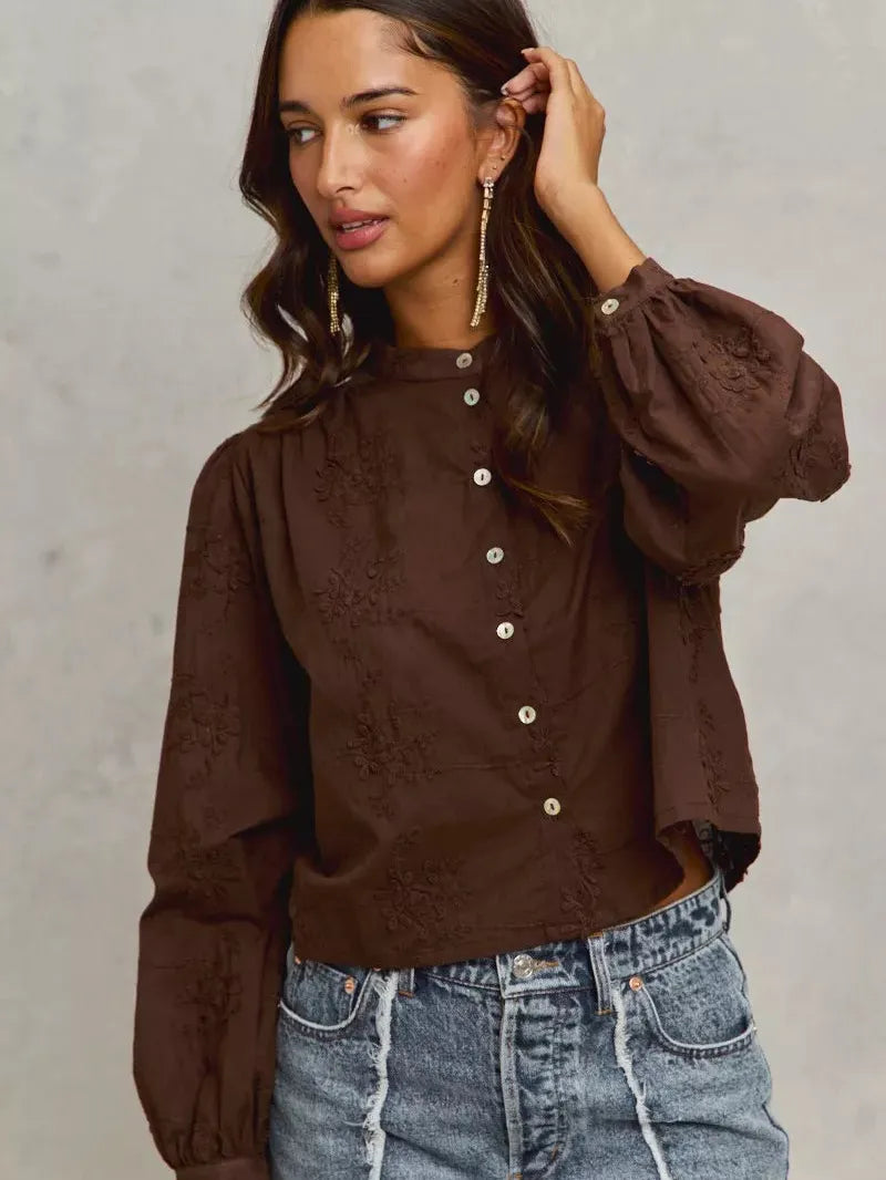 So Me Floral Depth 3D Floral Long Sleeve Button Up Blouse-Shirts & Tops-Shop Z & Joxa