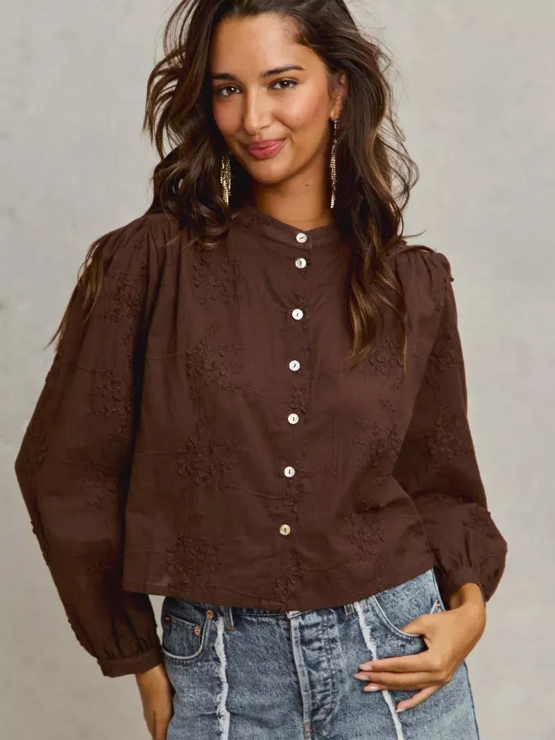 So Me Floral Depth 3D Floral Long Sleeve Button Up Blouse-Shirts & Tops-Shop Z & Joxa