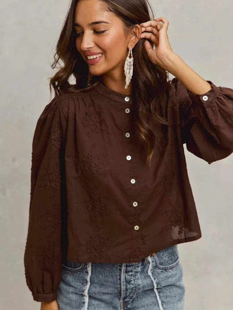 So Me Floral Depth 3D Floral Long Sleeve Button Up Blouse-Shirts & Tops-Shop Z & Joxa