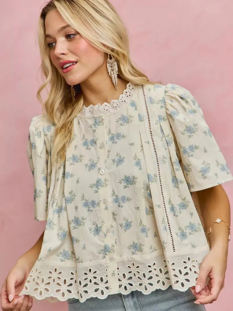 So Me Floral Whispers Print Lace Trim Flutter Sleeves Blouse-Women's Shirts & Tops-Shop Z & Joxa