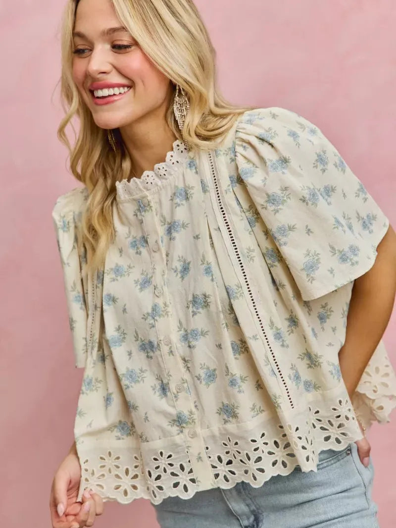 So Me Floral Whispers Print Lace Trim Flutter Sleeves Blouse-Women's Shirts & Tops-Shop Z & Joxa