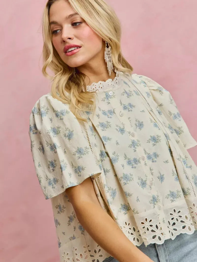 So Me Floral Whispers Print Lace Trim Flutter Sleeves Blouse-Women's Shirts & Tops-Shop Z & Joxa