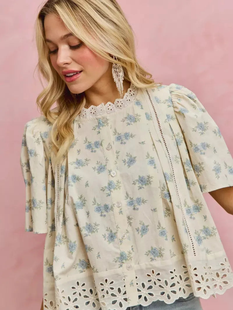 So Me Floral Whispers Print Lace Trim Flutter Sleeves Blouse-Women's Shirts & Tops-Shop Z & Joxa