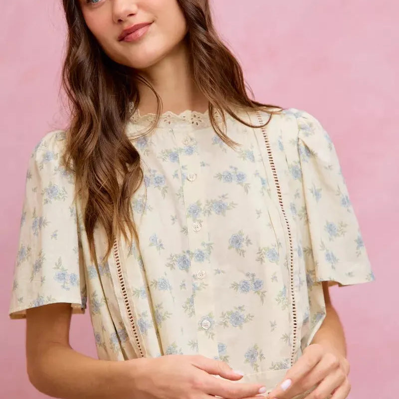 So Me Floral Whispers Print Lace Trim Flutter Sleeves Blouse-Women's Shirts & Tops-Shop Z & Joxa