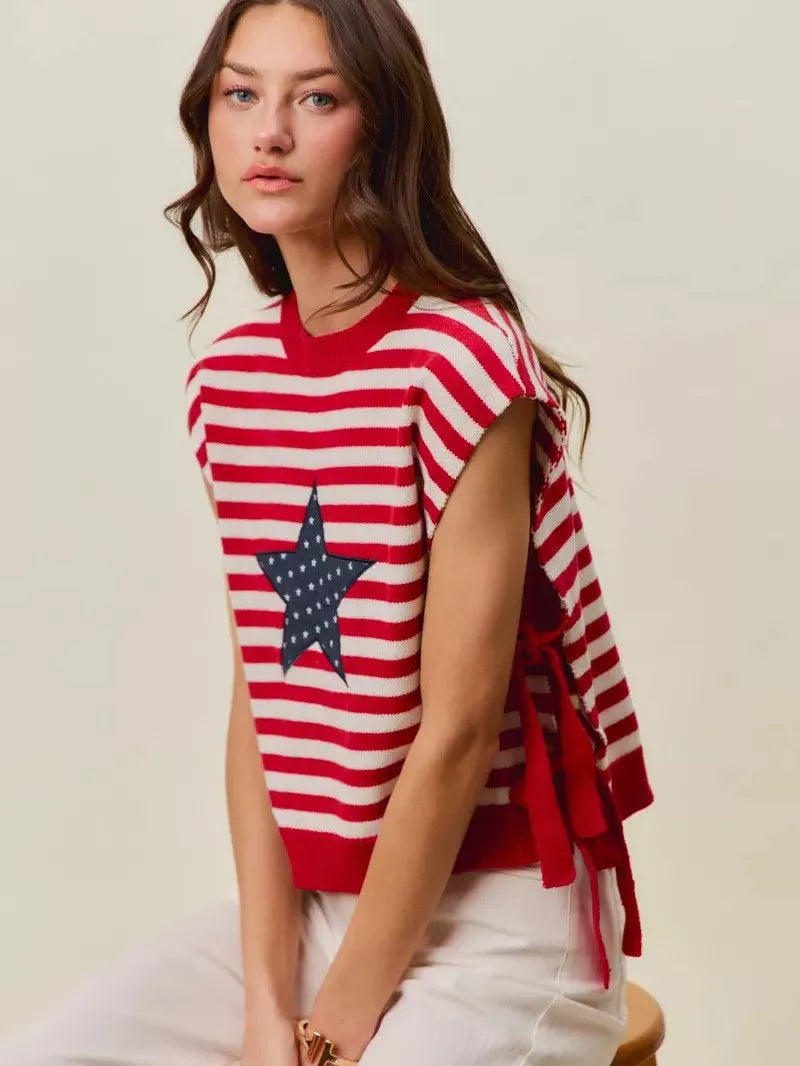 So Me Freedom Ties Striped Star Patch 4th Of July Sweater Vest-Women's Shirts & Tops-Shop Z & Joxa