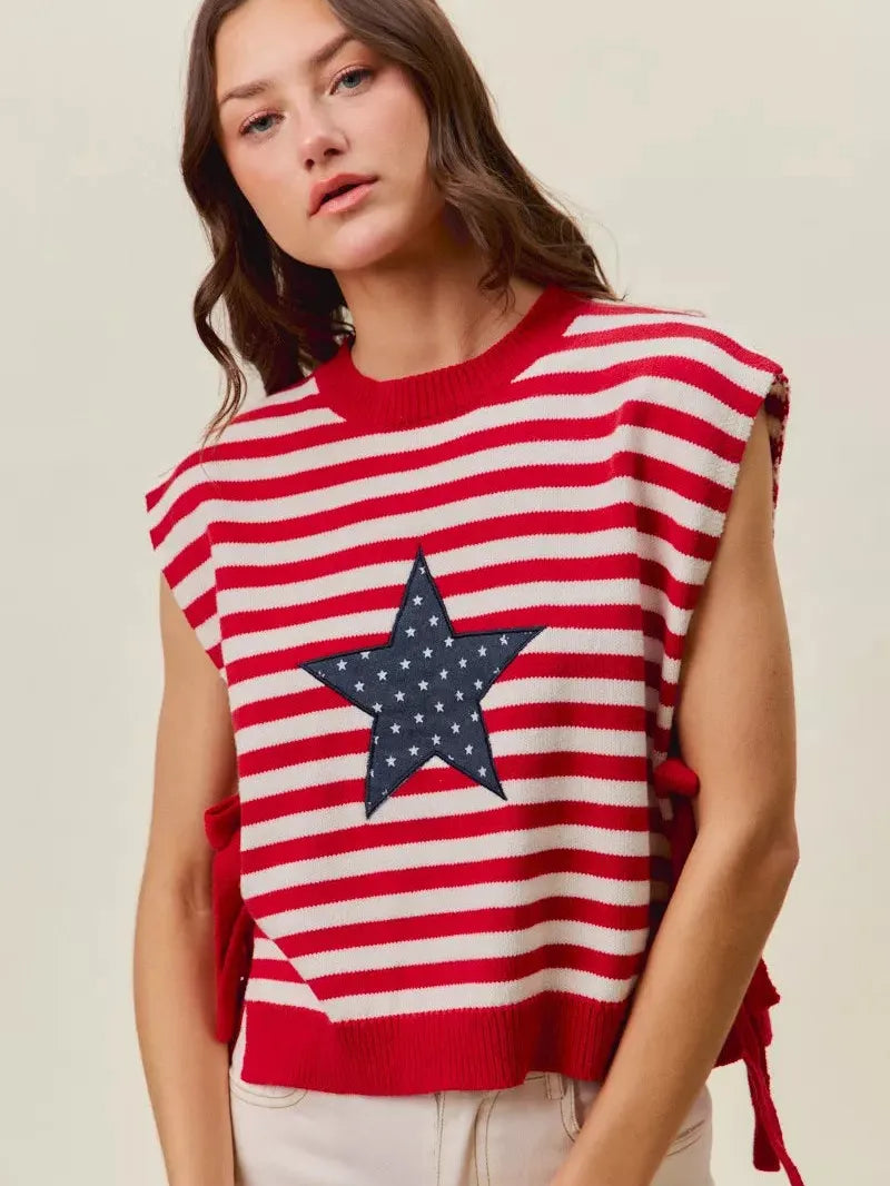 So Me Freedom Ties Striped Star Patch 4th Of July Sweater Vest-Women's Shirts & Tops-Shop Z & Joxa