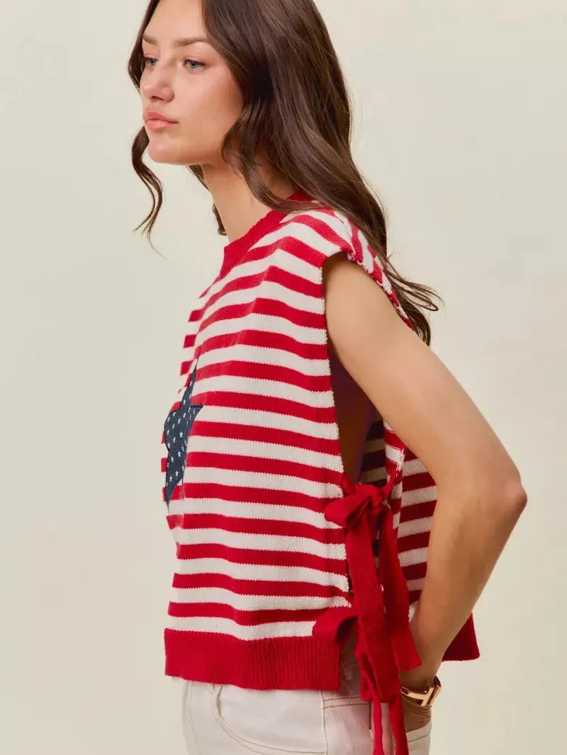 So Me Freedom Ties Striped Star Patch 4th Of July Sweater Vest-Women's Shirts & Tops-Shop Z & Joxa