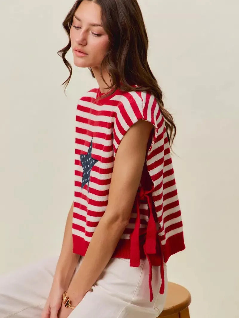 So Me Freedom Ties Striped Star Patch 4th Of July Sweater Vest-Women's Shirts & Tops-Shop Z & Joxa