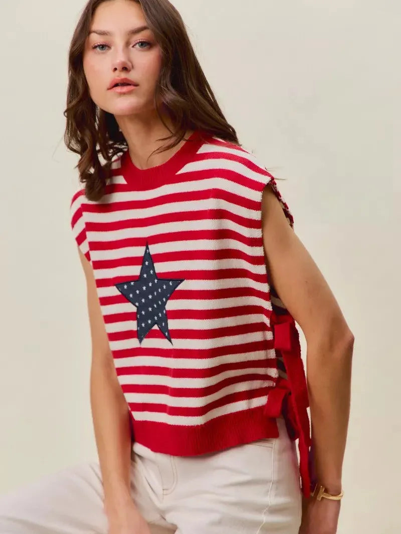 So Me Freedom Ties Striped Star Patch 4th Of July Sweater Vest-Women's Shirts & Tops-Shop Z & Joxa