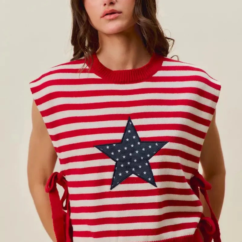 So Me Freedom Ties Striped Star Patch 4th Of July Sweater Vest-Women's Shirts & Tops-Shop Z & Joxa