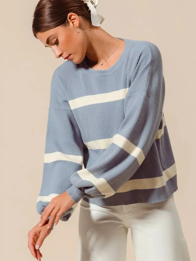So Me Frosted Lined Dusty Blue Striped Long Sleeve Sweater-Women's Shirts & Tops-Shop Z & Joxa