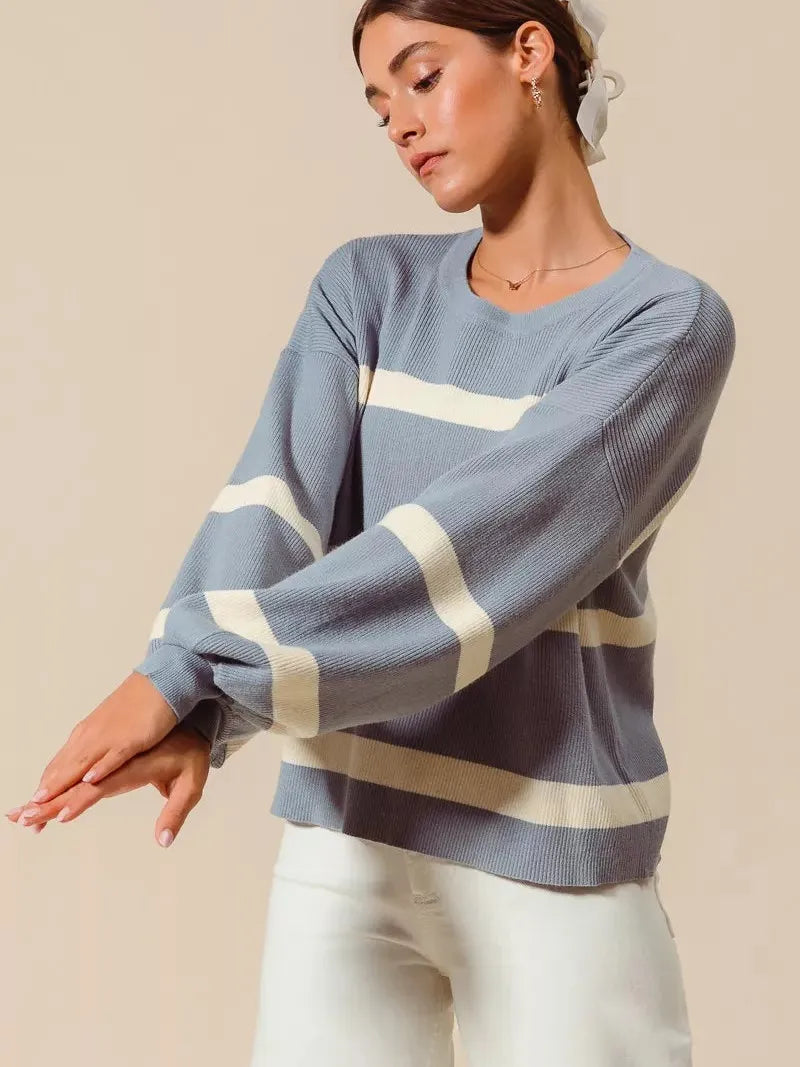 So Me Frosted Lined Dusty Blue Striped Long Sleeve Sweater-Women's Shirts & Tops-Shop Z & Joxa