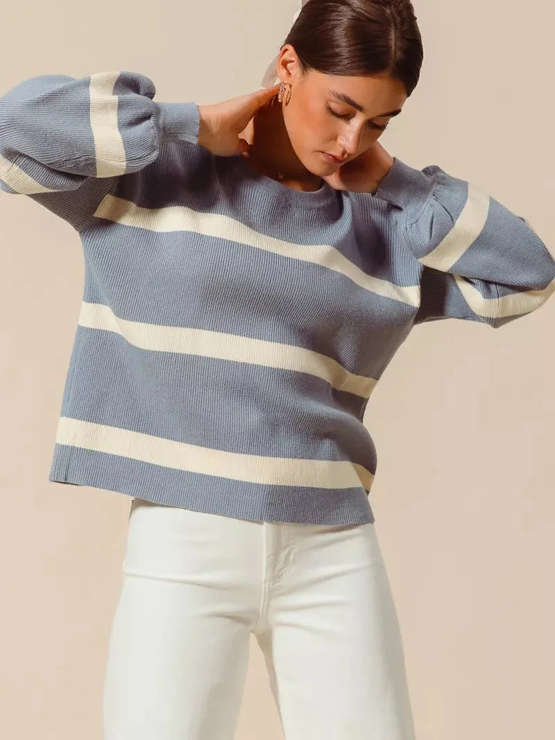 So Me Frosted Lined Dusty Blue Striped Long Sleeve Sweater-Women's Shirts & Tops-Shop Z & Joxa