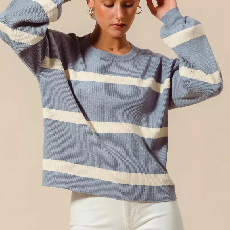 So Me Frosted Lines Dusty Blue Striped Long Sleeve Sweater-Women's Shirts & Tops-Shop Z & Joxa