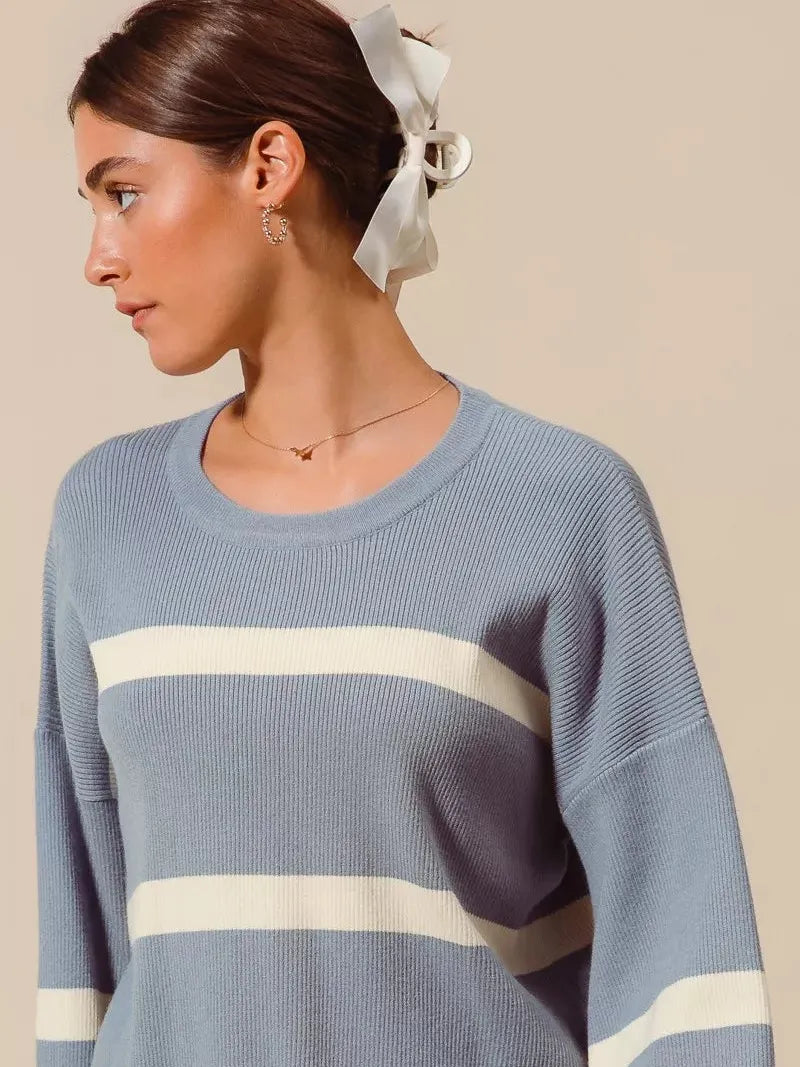 So Me Frosted Lines Dusty Blue Striped Long Sleeve Sweater-Women's Shirts & Tops-Shop Z & Joxa