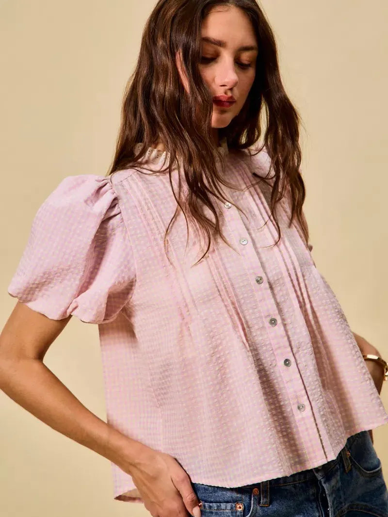 So Me Gingham Grace Lace Trim Button Bubble Sleeves Blouse-Women's Shirts & Tops-Shop Z & Joxa