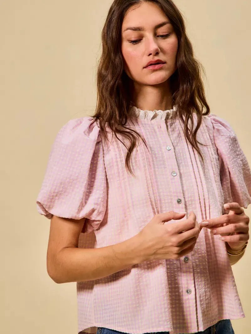 So Me Gingham Grace Lace Trim Button Bubble Sleeves Blouse-Women's Shirts & Tops-Shop Z & Joxa