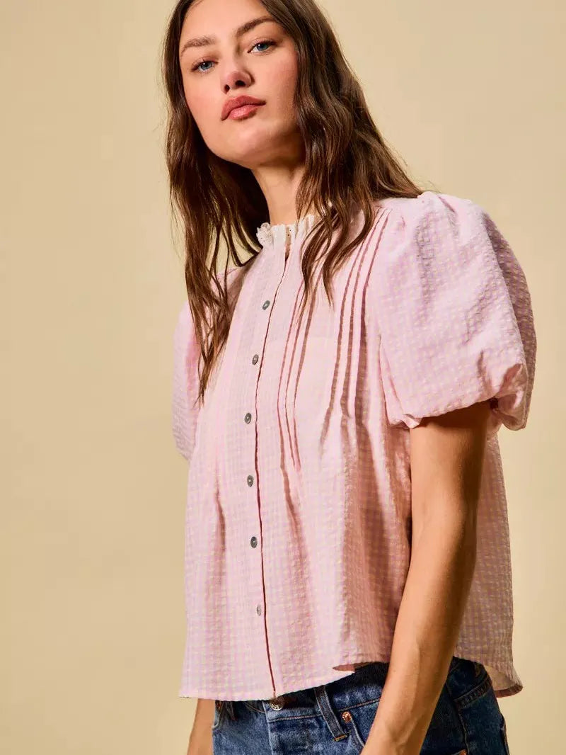 So Me Gingham Grace Lace Trim Button Bubble Sleeves Blouse-Women's Shirts & Tops-Shop Z & Joxa